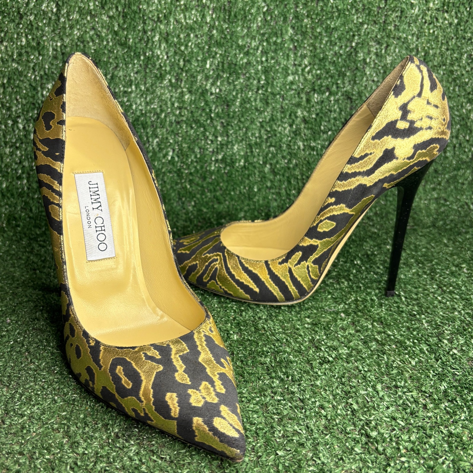 New Jimmy Choo Anouk Animal Print Metallic Stiletto Heel Pumps Gold Womens Sz 8